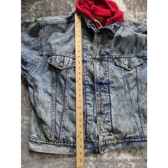 VTG 80s Levis Denim Trucker Jacket Acid Wash Fleece Hood - Medium Made in Canada - Picture 8 of 16